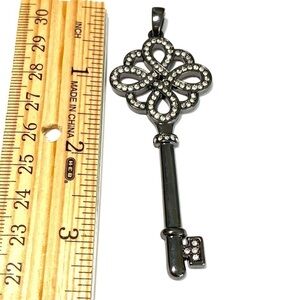 Key Pendant Gunmetal Tone Rhinestone Large